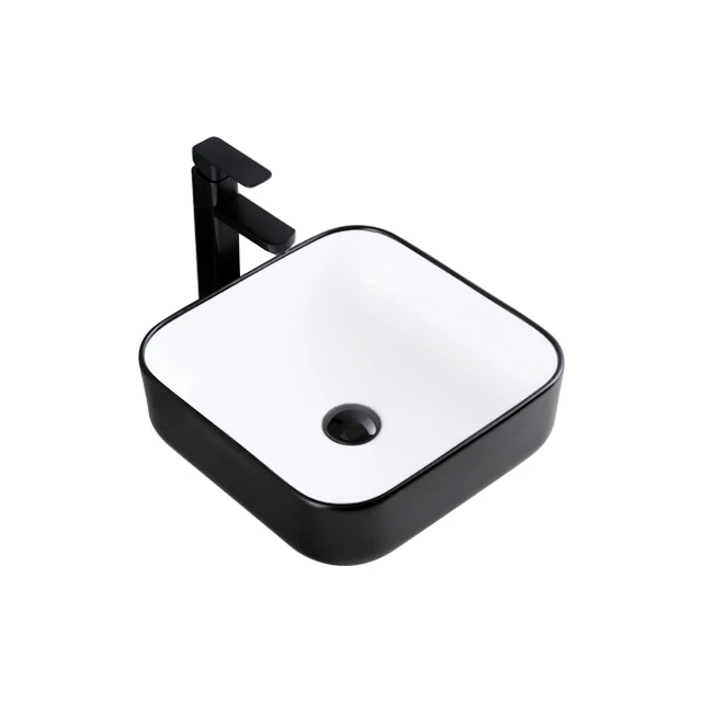 Square Bathroom Black Ceramic Round Countertop Wash Basin Bowl White Table Top Lavatory Sink