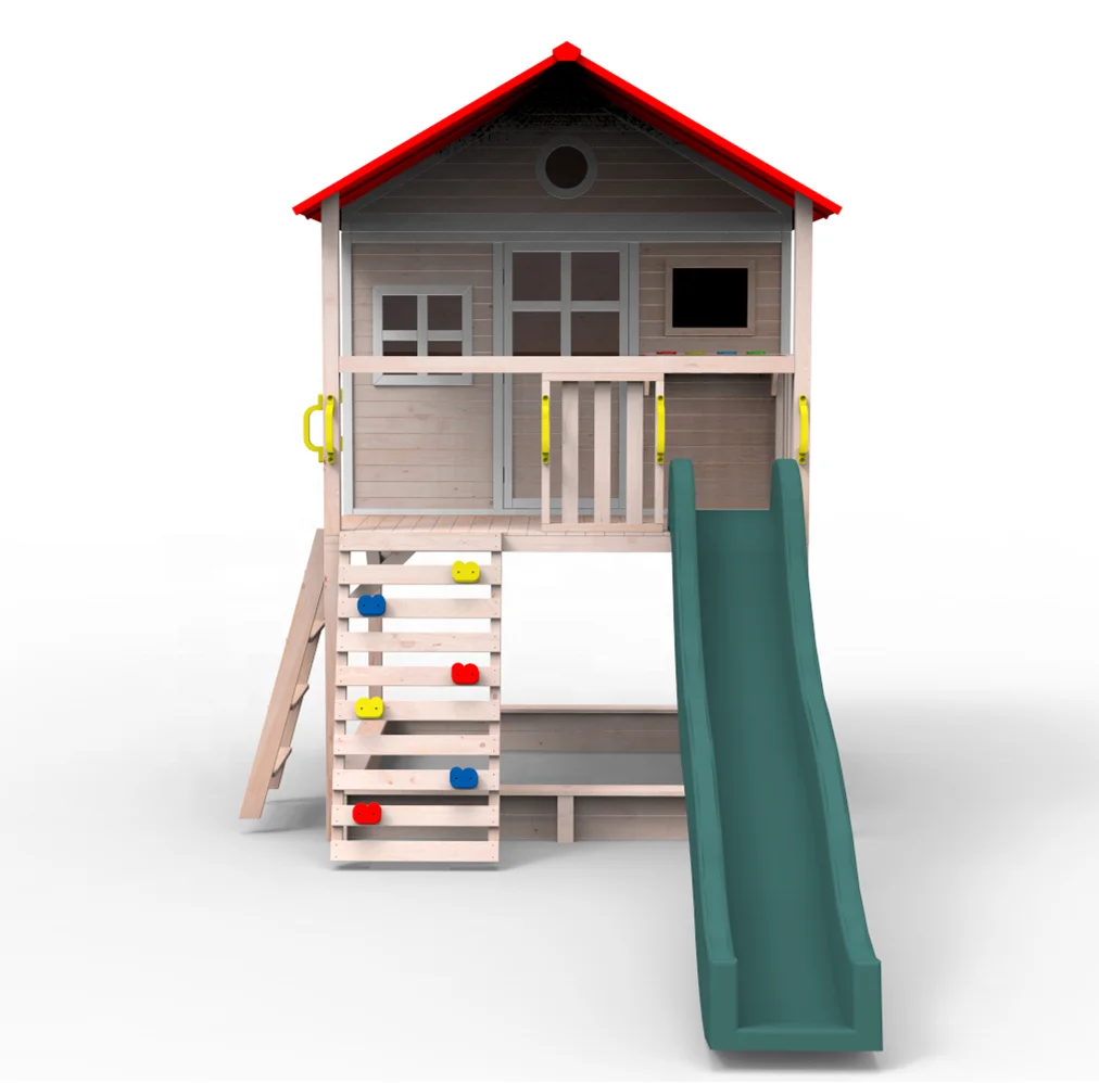 
Double-deck wooden playground set kids playhouse with slide and sandbox 