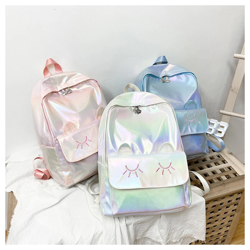 New Arrival Style Cute Ear Laser Backpack School Bags Student Backpack Holographic Teenage Girls School Bag (1600484737810)