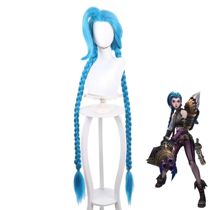 Game LOL Arcane Jinx Long Blue Bunches Cosplay Wigs Peluca Synthetic Cosplay Costume Wig