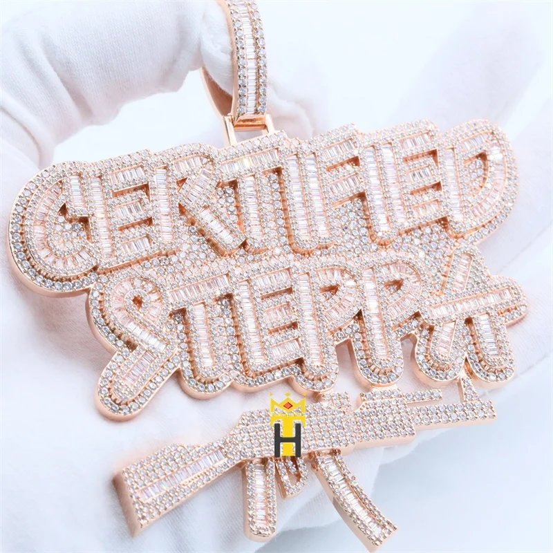 Custom hiphop pendant iced cz diamond jewel 925 silver copper rose gold men gun letter charm pendant