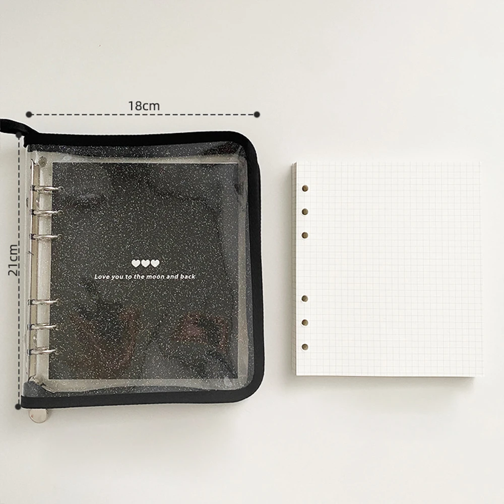 Glitter Shiny Cover PVC Transparent Zipper Binder 6 Ring Loose Leaf Notebook with 80 Sheets Inner Pages