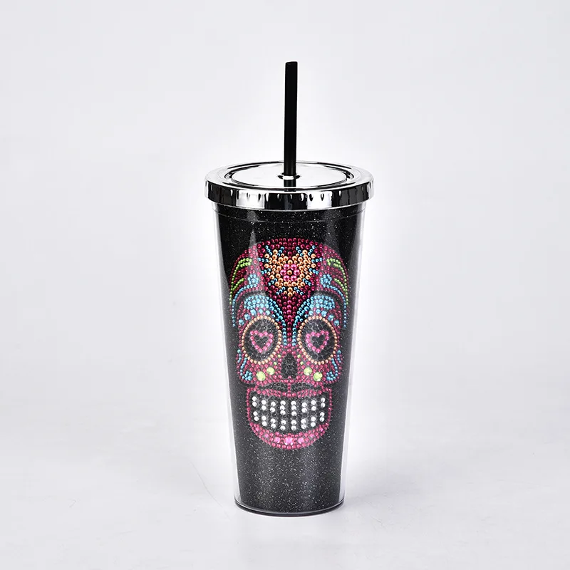 Wideal Amazon 16oz Plastic Tumbler Cups with Lid and Straw Mug Reusable Tumbler Clear Acrylic Halloween skulls  Skinny Tumbler
