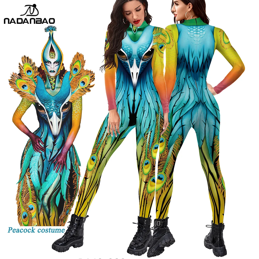 NADANBAO elastic stretchable stage performance clothing peacock cosplay costume one piece jumpsuit womens jumpsuits