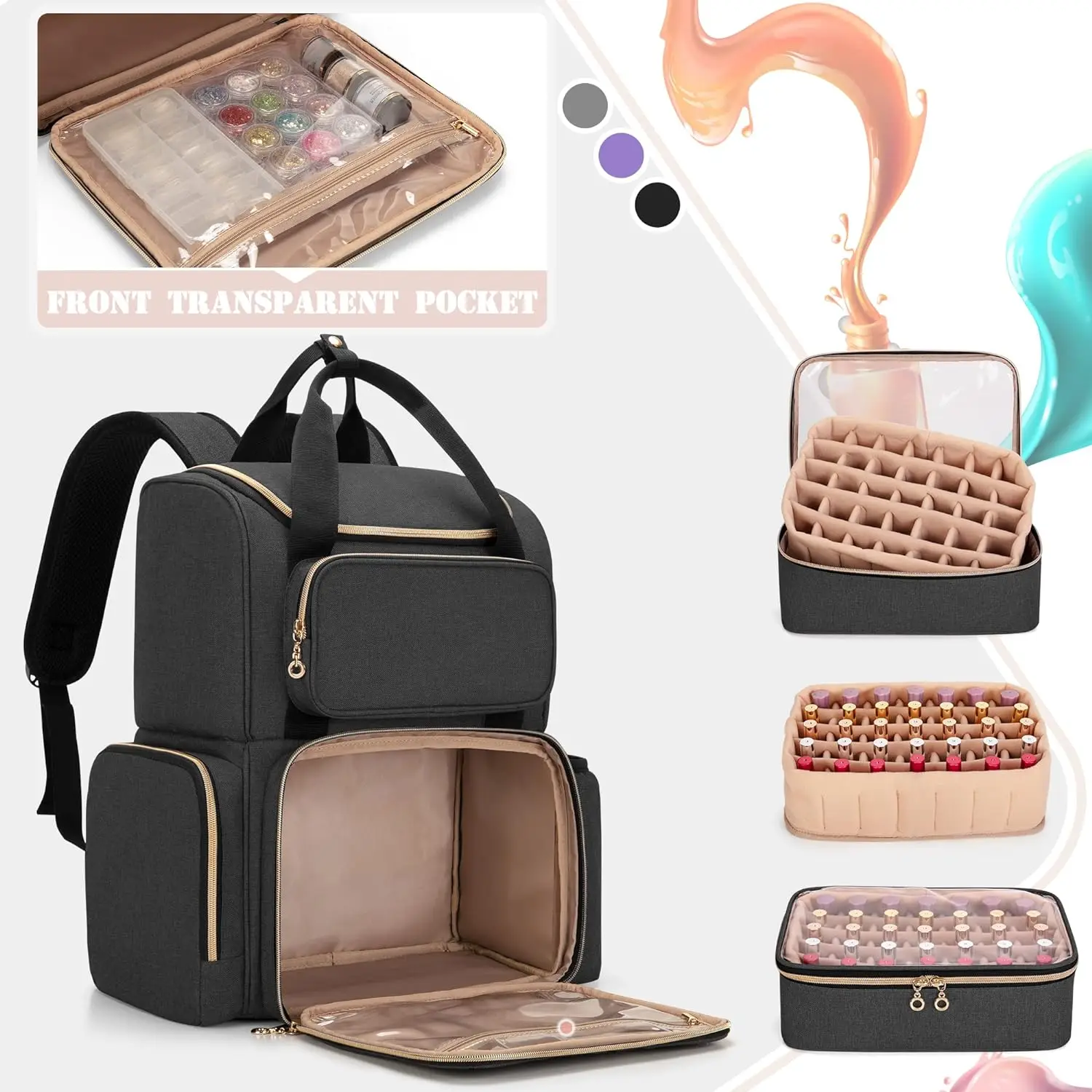 2023 New Arrival Travel Nail Polish Bag with 2 Removable Cases and Tools Storage Pockets Nail Polish Organizer (Backpack Version