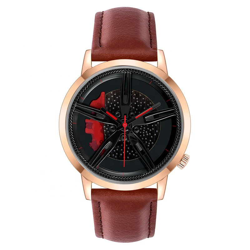 In Stock Spinning Real 3d Car Watch With Leather Strap Black Sport Rotate Flying Car Rim Wheeling Watch