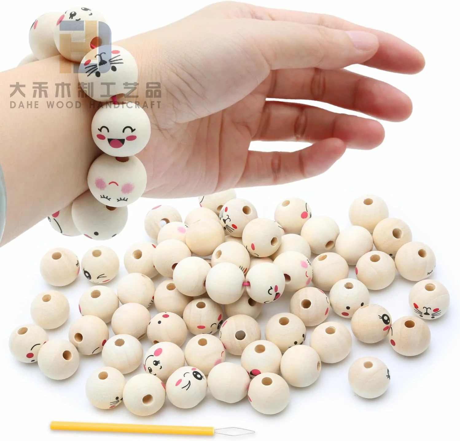 Printed 20mm Smiling Face Ball Wooden Beads Custom Smile Wood Beads with Smiley Face for DIY Bracelet Necklace Making