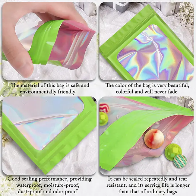 Custom Logo Ziplock Resealable Smell Proof Holographic Glitter Zip Lock Mylar Plastic Bags With Windows Green For Jewelry