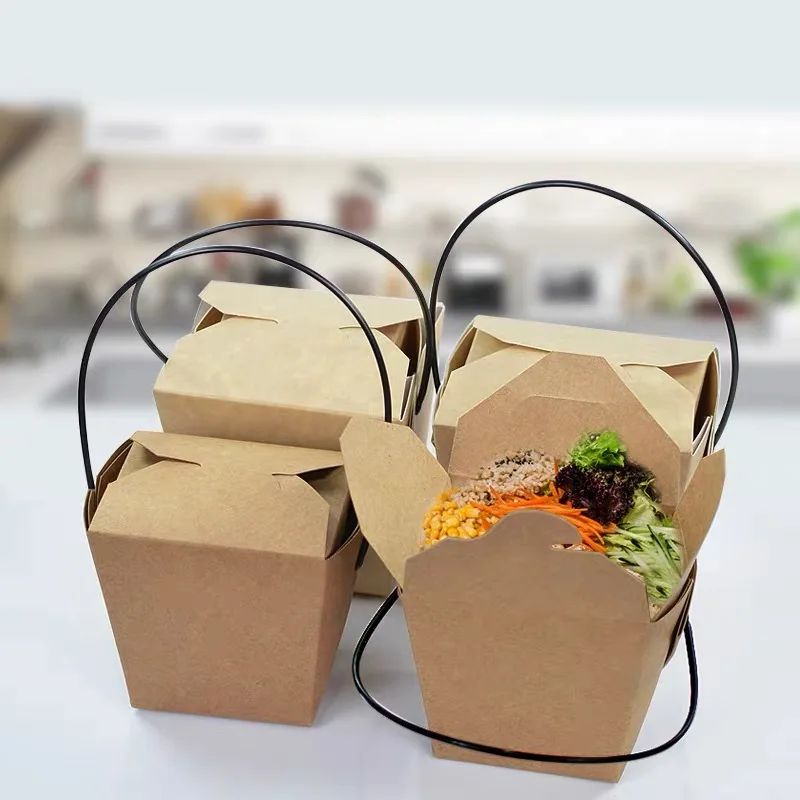 Custom 16oz 26oz 32oz  Disposable Food takeaway packaging chinese rice noodle food Pasta box with handle