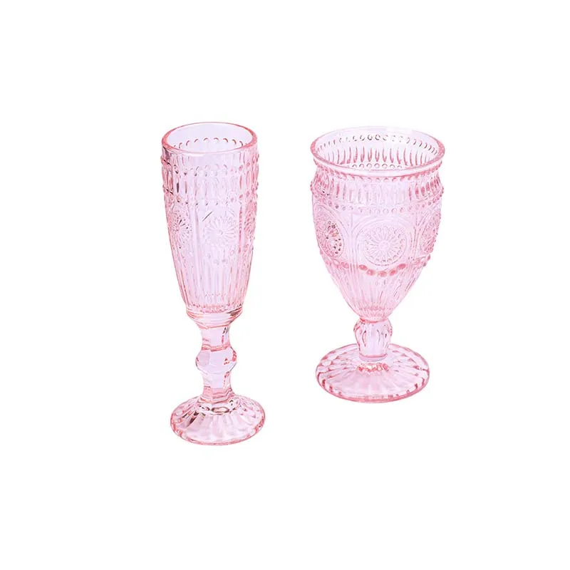 Wholesale Glasses Embossed Champagne Glass Goblet Party Wedding Decoration Luxury Red Pink Wine Glasses Cups Set