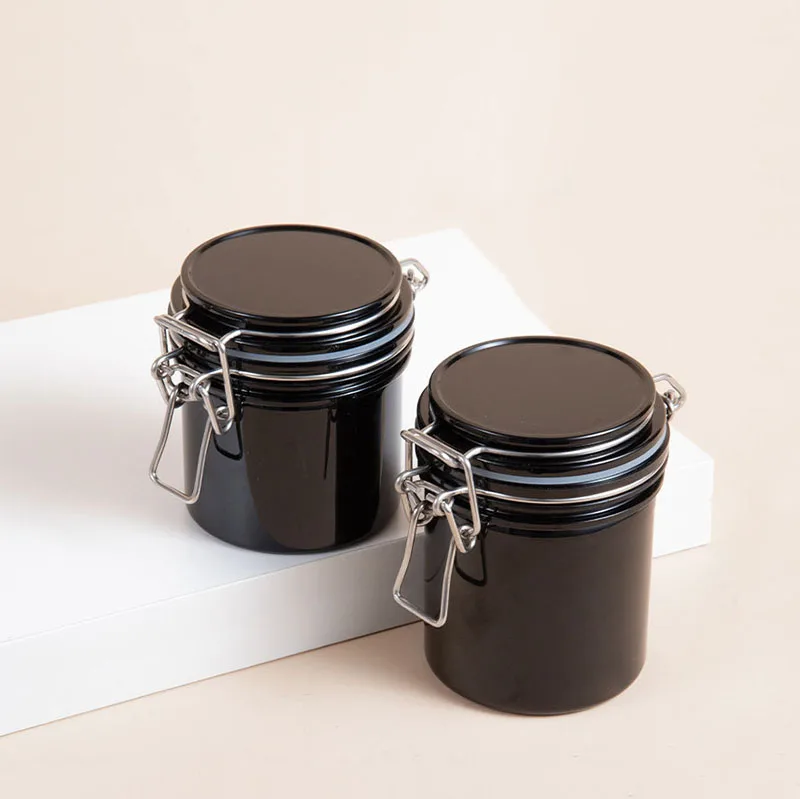 Spot 200ml Round Black Plastic Bottle Metal Buckle Leak-proof Sealed Jar Small Portable Mask Cream Packaging Bottle YGH1118