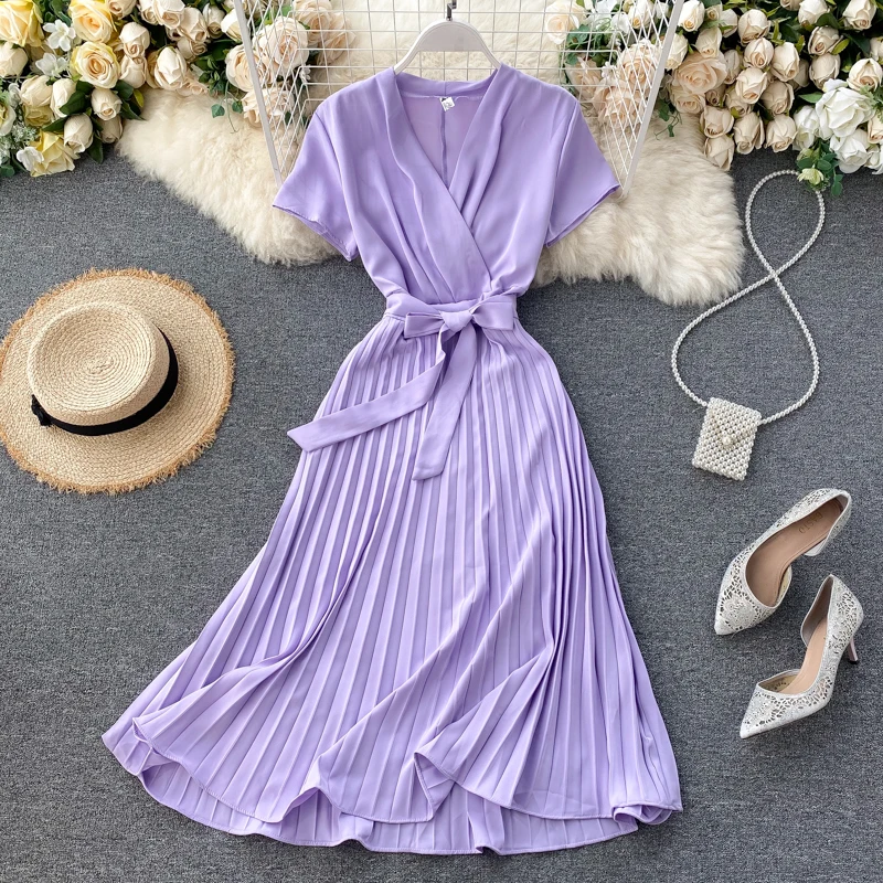 New arrival french style short sleeve v neck casual street wear fashion pleated abaya dress