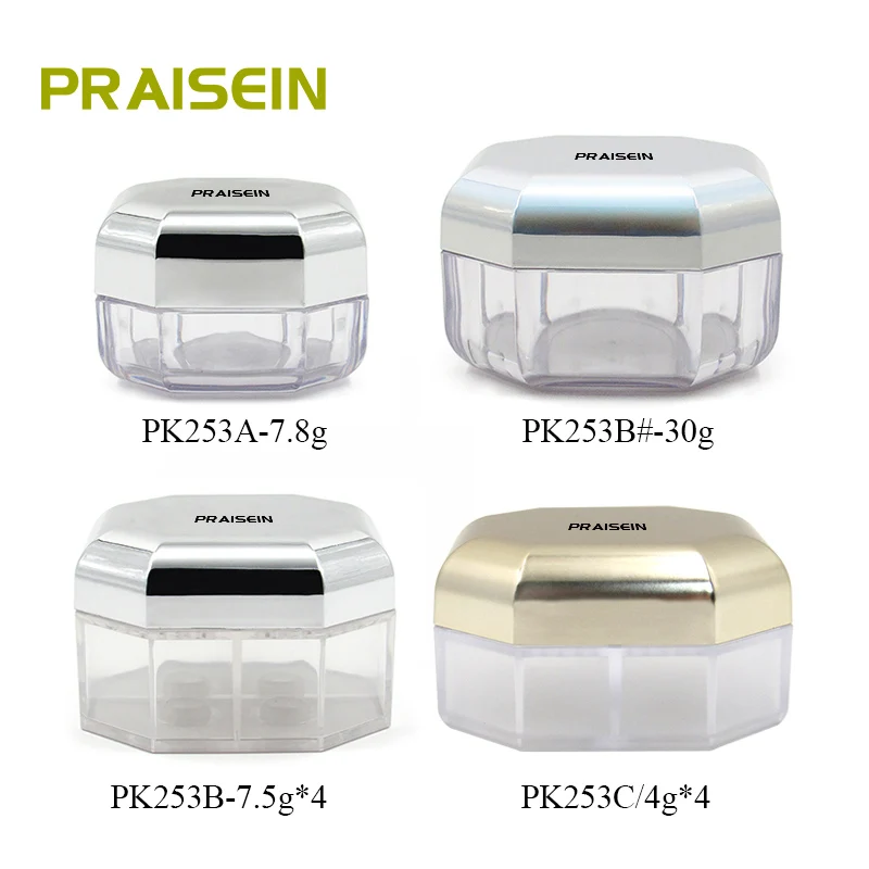 8g 30g Silver octagonal loose powder jar empty plastic four-color cosmetics clear loose powder container with sifter