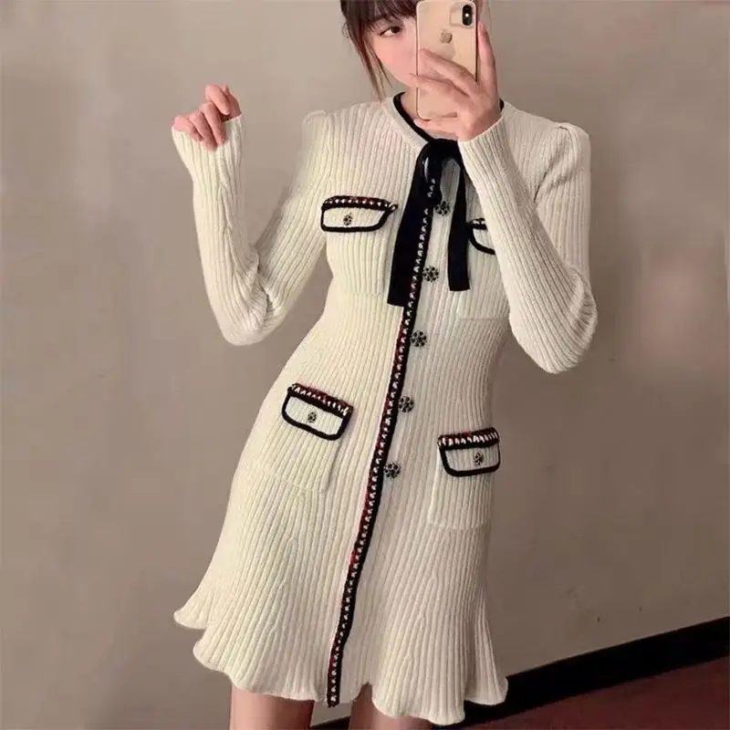 BetterGirl Delicacy Vintage French Style Beads Button Lady 2023 Long Sleeve Bow Tie Women Skinny Knit Mini Dress