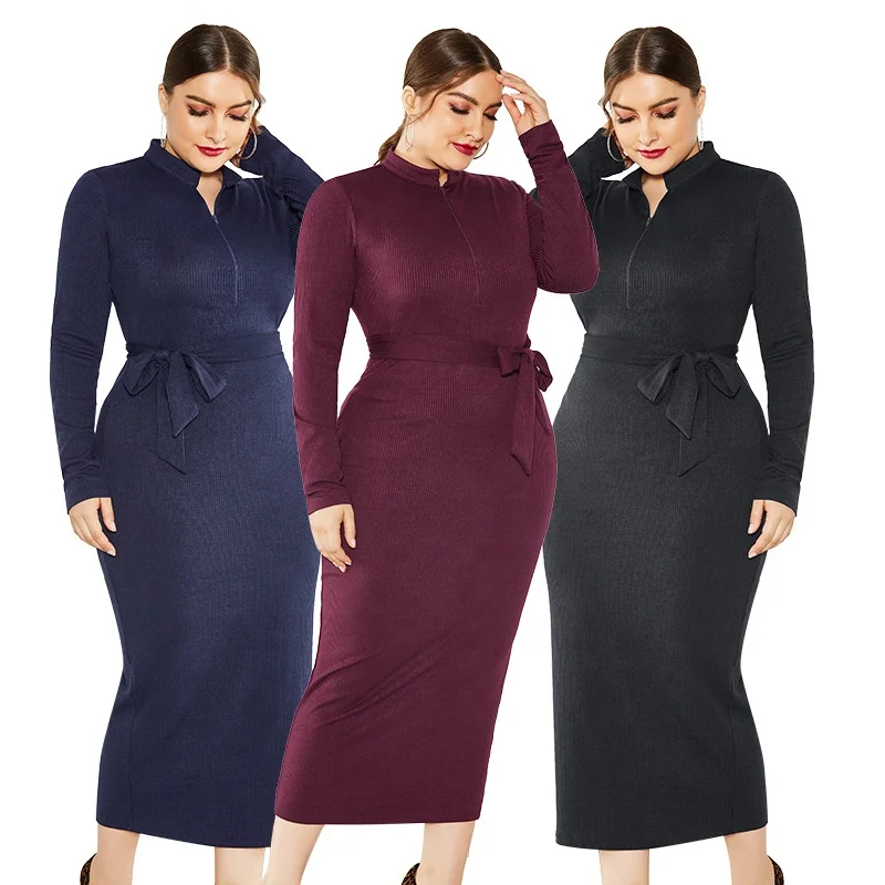 Cheap Dresses Wholesale Fall Plus Size Bodycon Bandage Knit Midi Dress for Ladies