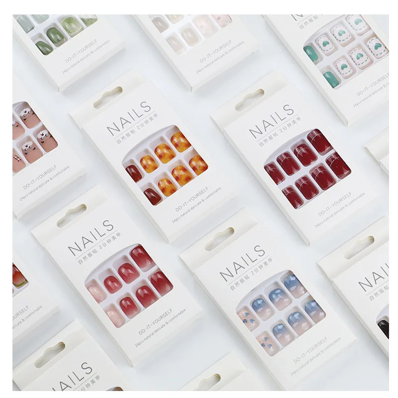 24pcs Nail Tips Short Cute Square 22 Styles Press on Nails with Designs for Nail Art Manicure Decoration