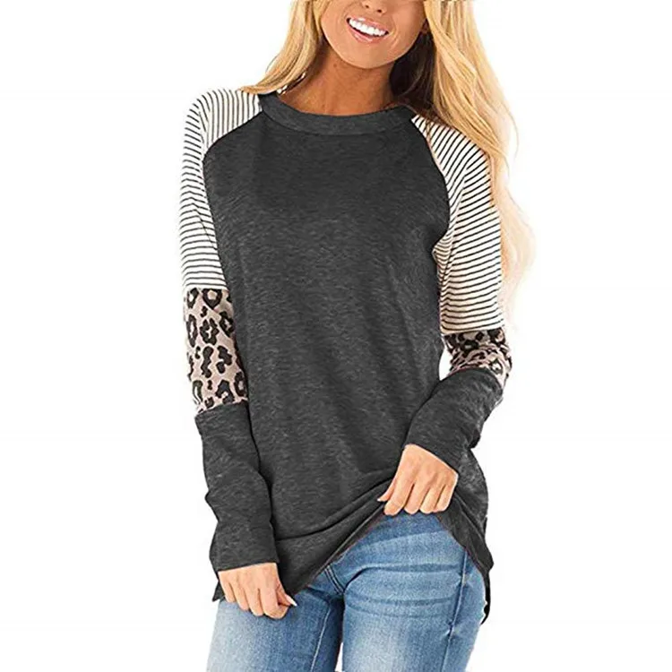YHQW50 Ready to Ship Amazon Hot Selling Women  Pullover Tops Stripe Leopard Patchwork Sleeve Color Block Casual Blouse