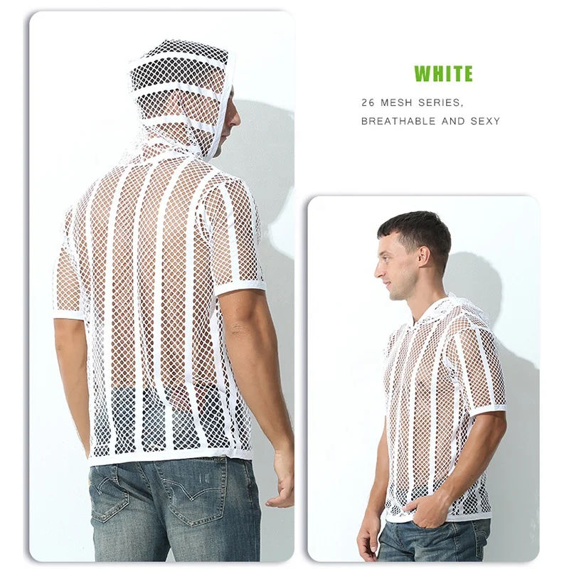 Mens Button Up Shirts Transparent Crochet Lace Blouse Knit See Through Hooded Tee Fishnet Top Black Hoodie White Shirt