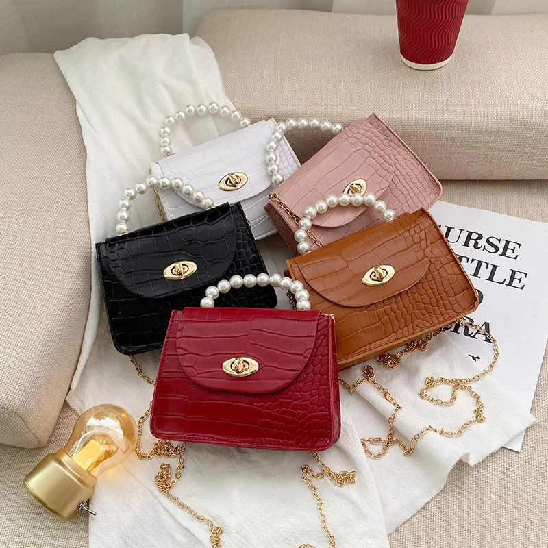 Cheap Wholesale Ladies Pearl Handle Bags Hand Bag PU Leather Women Small Chain Purse Handbag