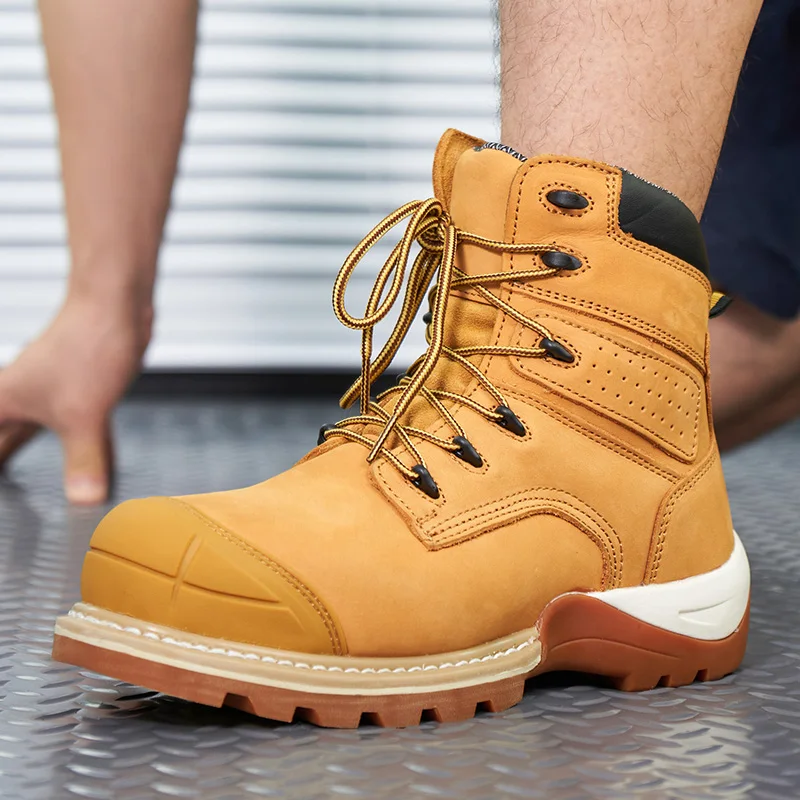 Goodyear outsole nubuck leather safety boot yellow ,  anti-slip industrial work boots for men