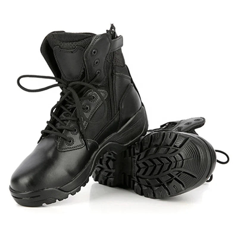 
Cemented construction anti slip black leather upper rubber sole steel toe tactical military boots shoes 