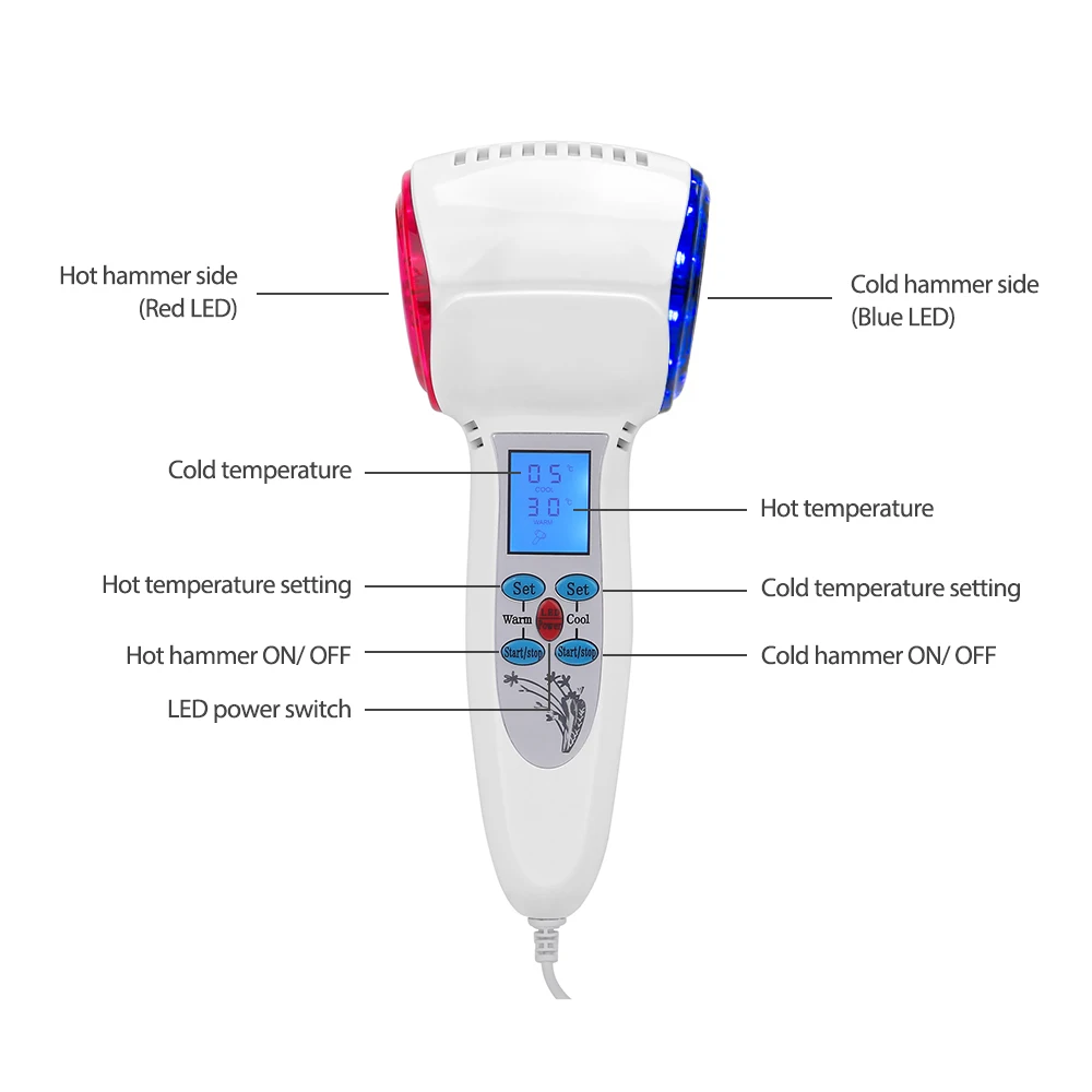 Hot and cold handheld double head hammer massager with heat head and led