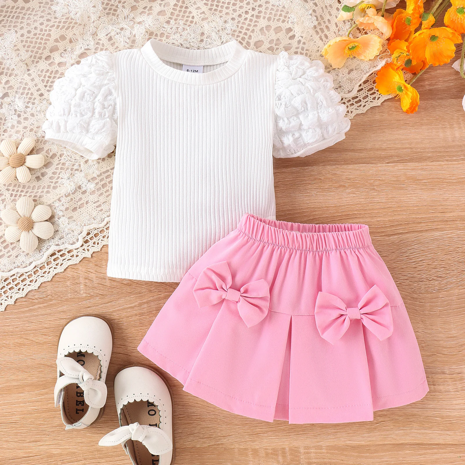 Sunny Baby 2024 Summer New Kids Clothing Bubble Sleeve White Top + Bow Solid Color Skirt Toddler Girls Two-piece Set
