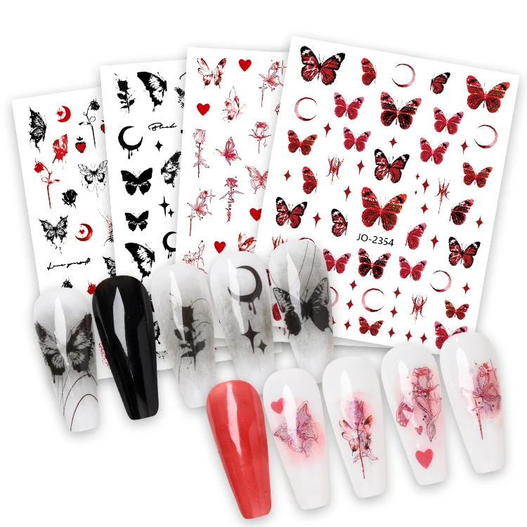 black red colorful self-adhesive abstract flower butterfly decals nail art stickers floral for Acrylic Nail Tips
