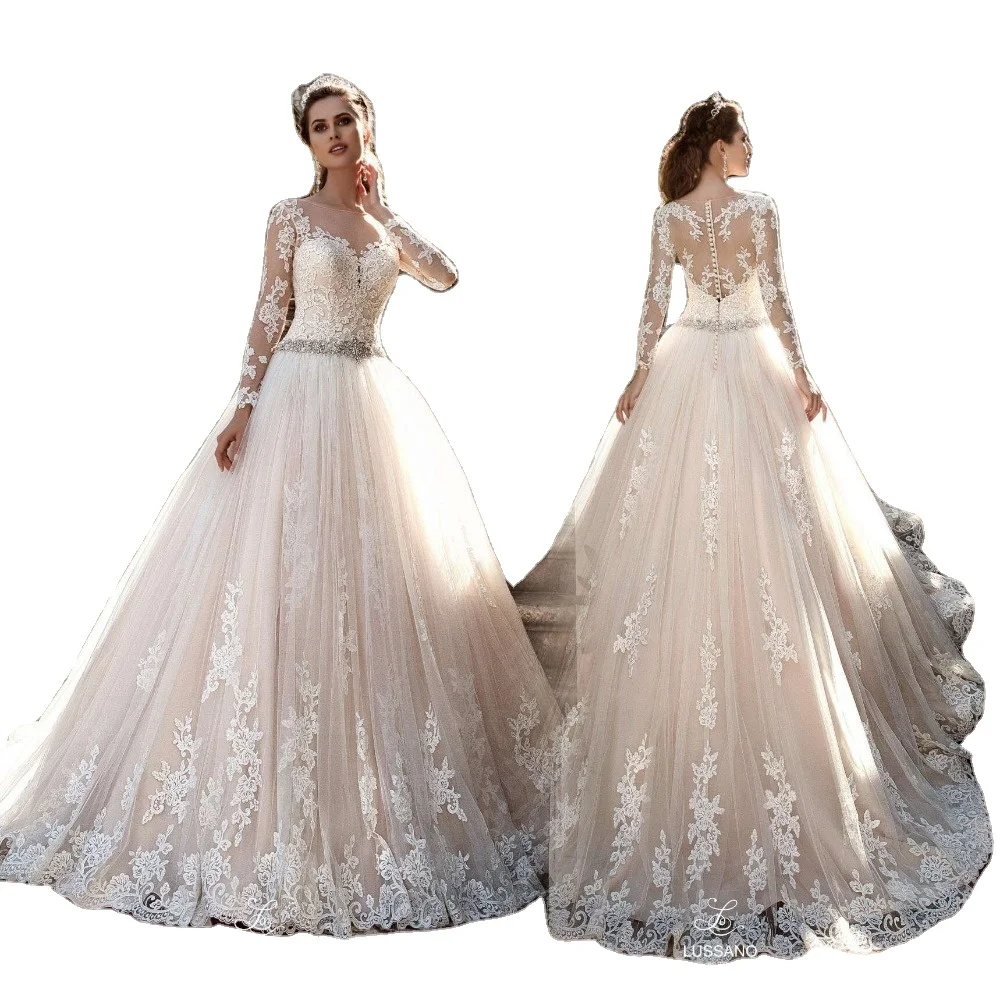 ON115 Vestido de noiva Long Sleeve Wedding Dress 2023 Sheer Tulle Back Lace Appliques Wedding Gowns Bead Belt Bride Dresses Boda