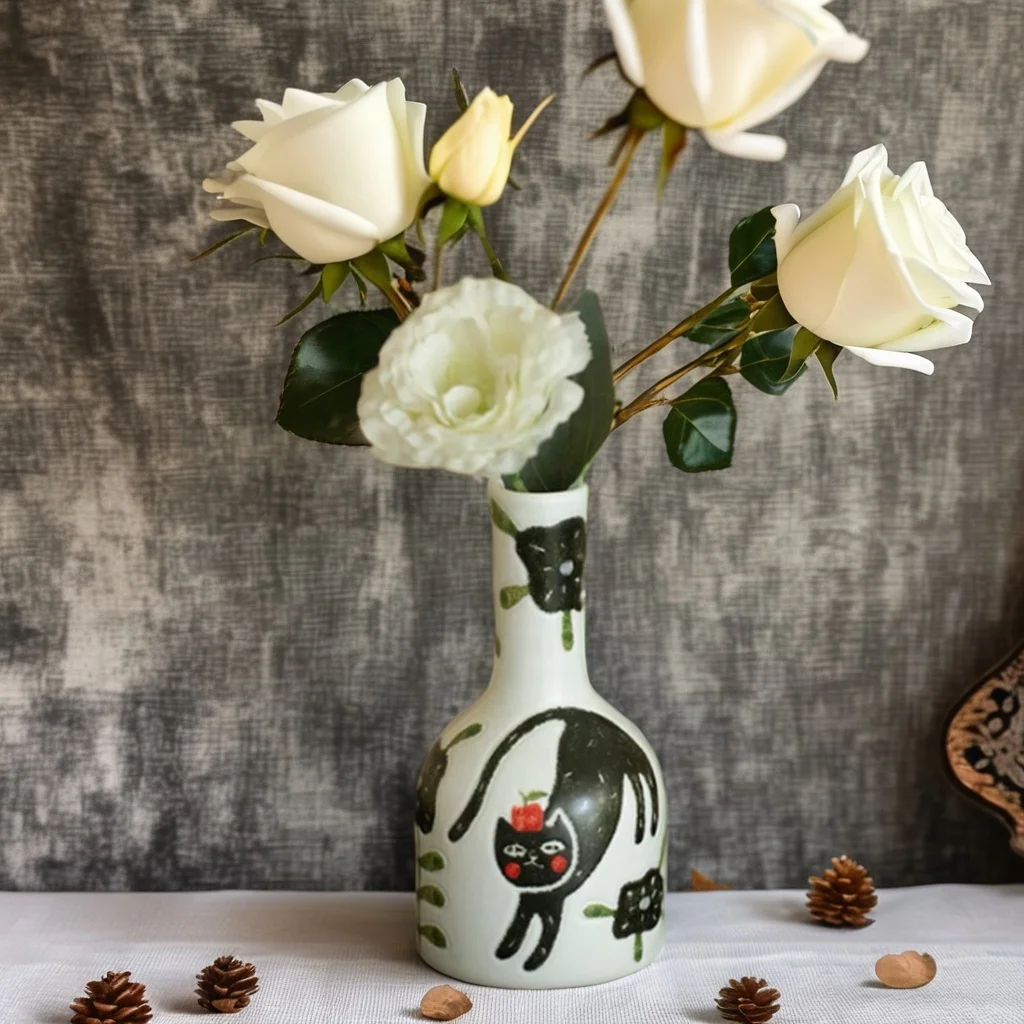 Hand-painted Cat Ceramic Vase Arrangement New House Decoration French High-end Retro Living Room Flower Art Deco Decorative