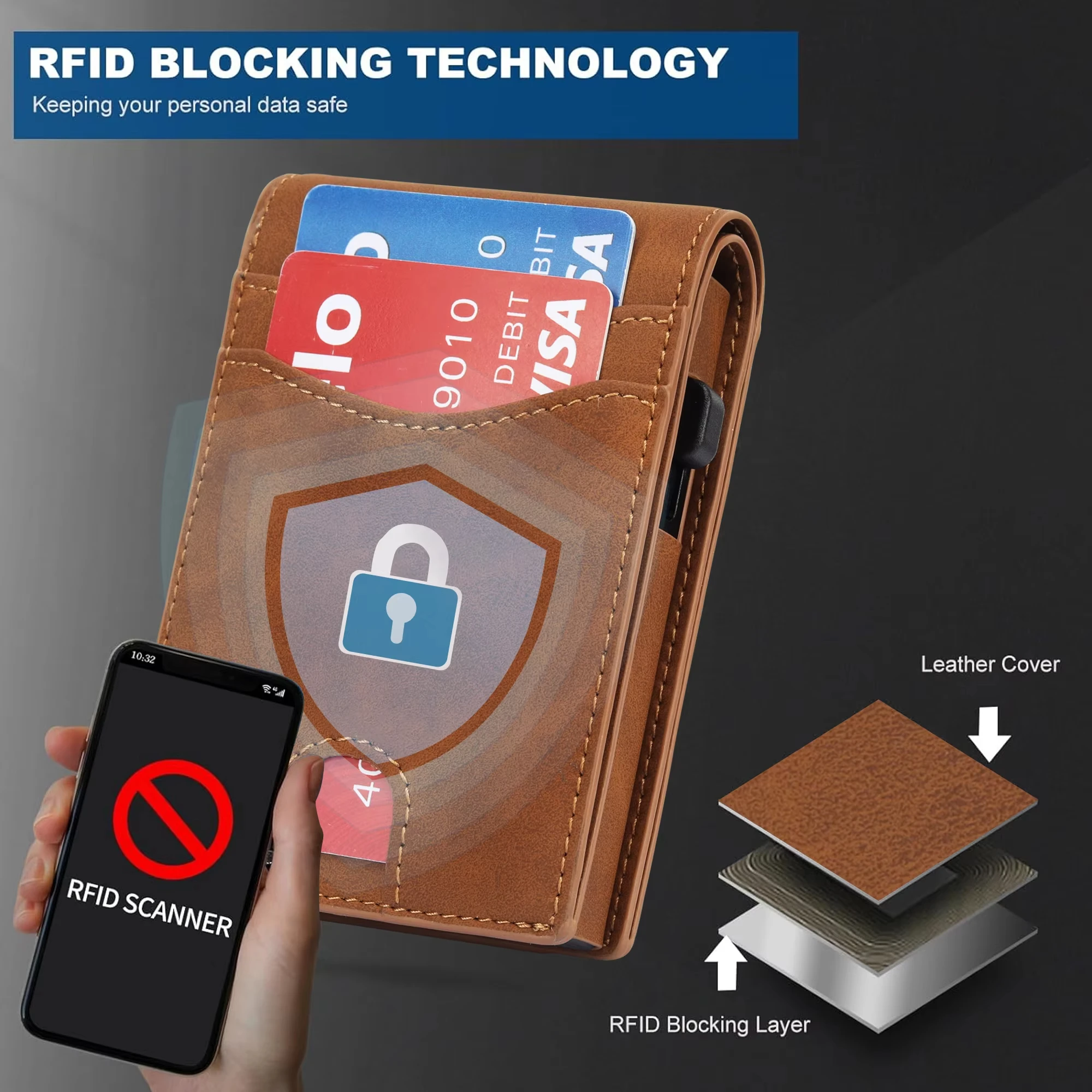 Billeteras Leather Magnetic Fold  Wallet RFID Blocking Pop Up Card Holder Wallet carteira masculina billetera hombre