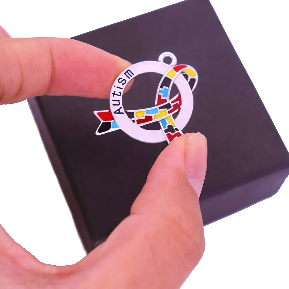 Custom Design Metal Colorful Enamel Jigsaw Autism Puzzle Piece Ribbon Charm Cancer Awareness Pendants Faith Hope Jewelry