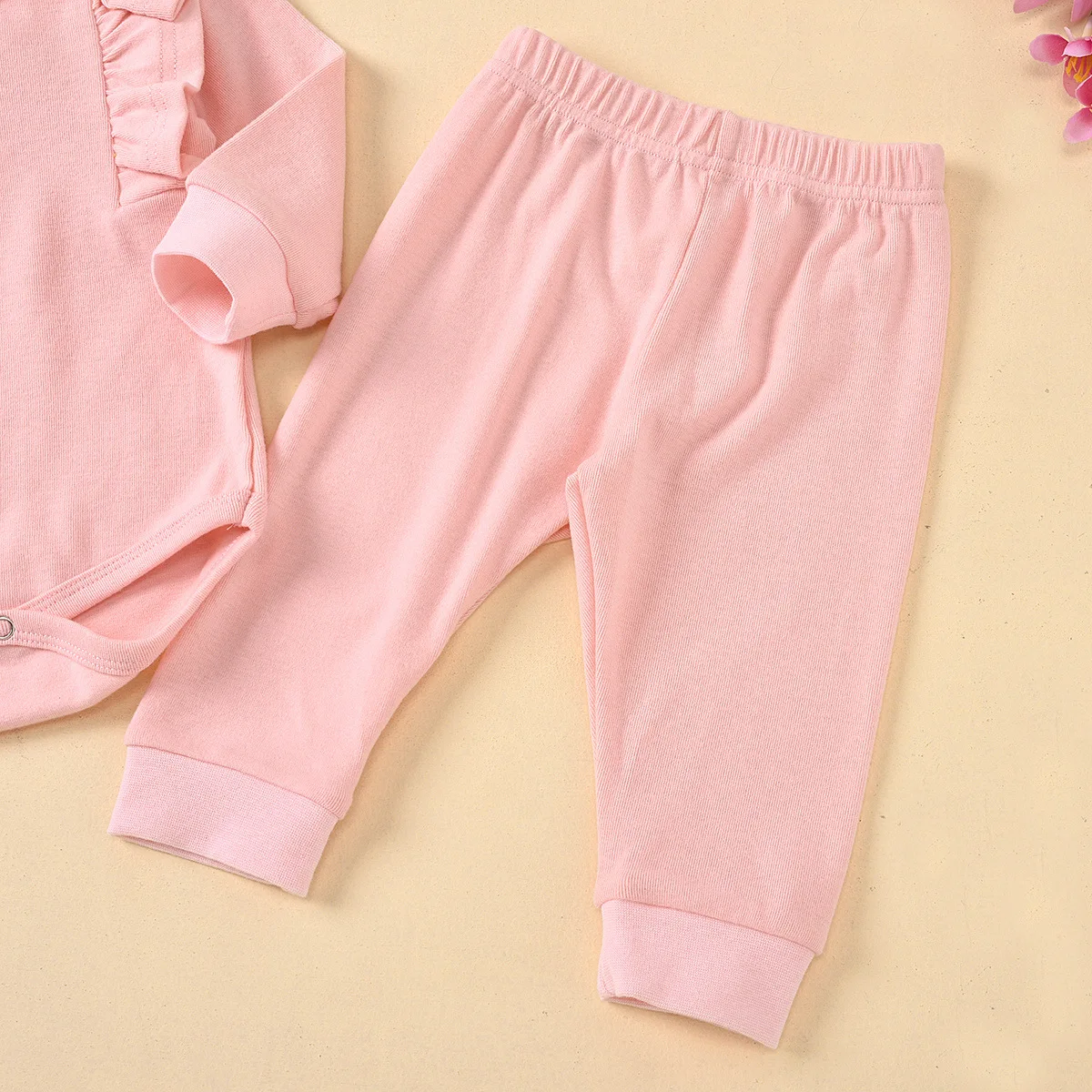 Organic Cotton Infant Clothes Jumpsuit Pink Ruffle Bodysuit Long-Sleeve Plain Newborn Girls Rompers Baby Clothing Set With Pants