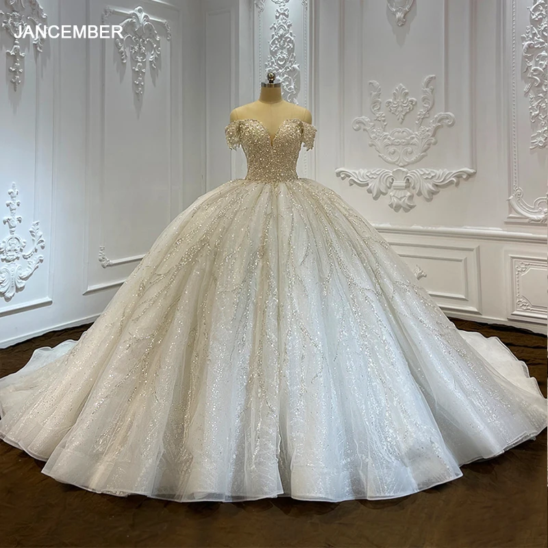 Luxury Pearls Sparkling  Princess Ball Gown Sweetheart Neckline Off-The-Shoulder Beaded Wedding Dress Lscj06