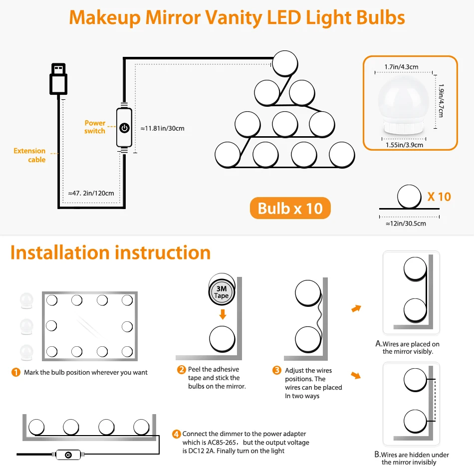 Hollywood Makeup Light Bulbs Vanity Mirror Lamp for Bathroom White Body USB Powered touch Switch Lamps