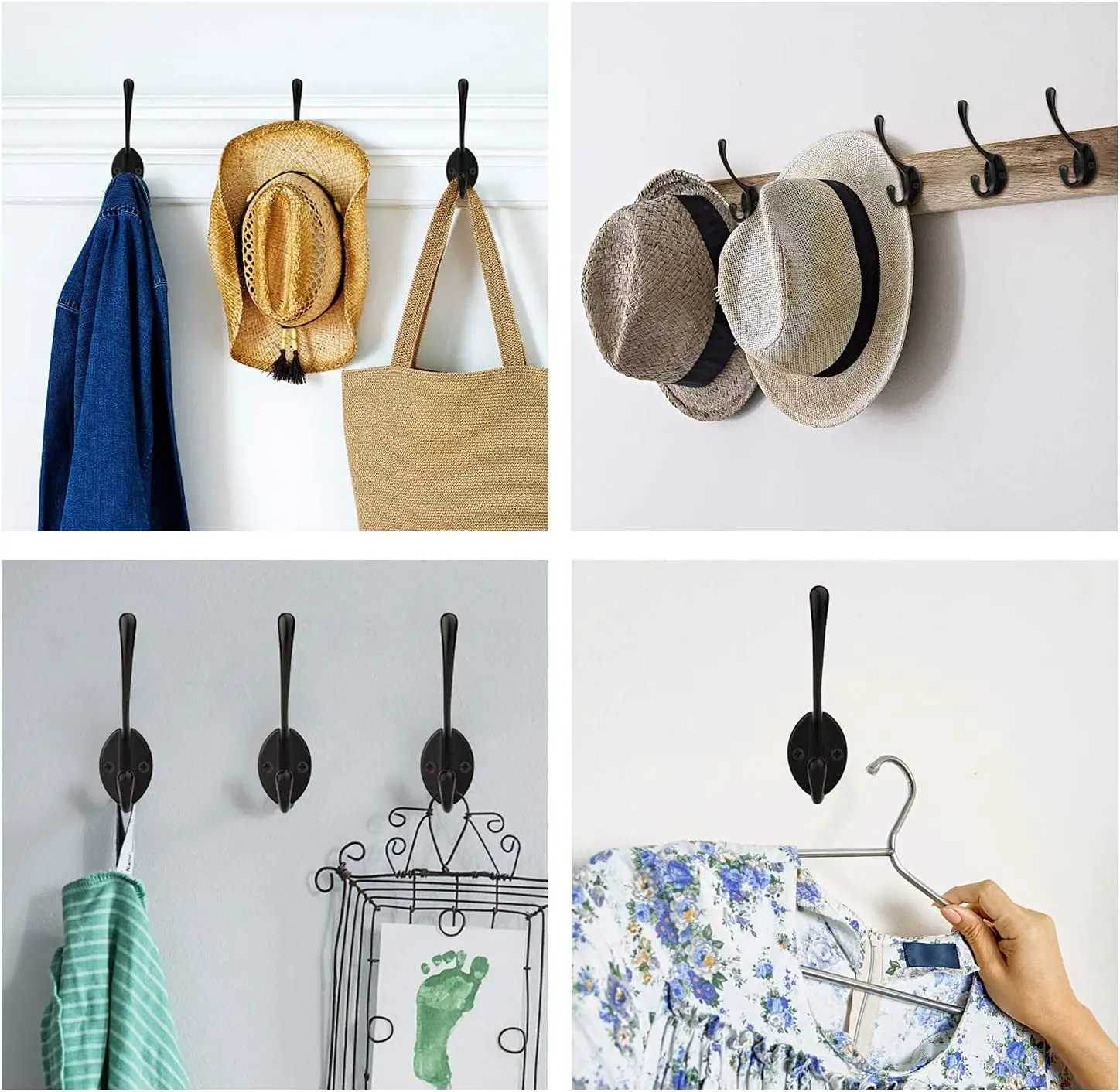 Metal Vintage Bronze Black Double Coat Hook Wall Mounted Metal Wood Robe Hanging Hook for Towel Bag Scarf Hat