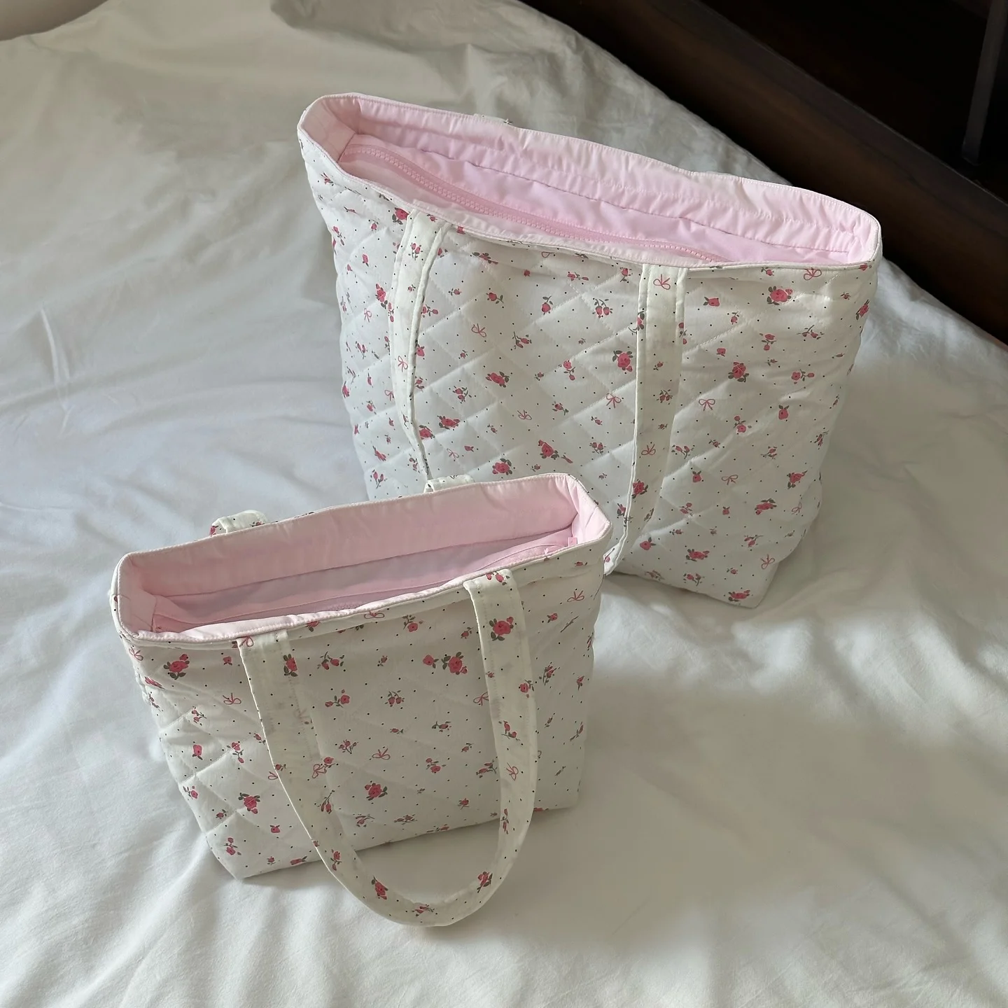 Custom Size Logo Floral Print Cotton Puffy Quilted Padded Women Shoulder Tote Shopping Bag With Zipper