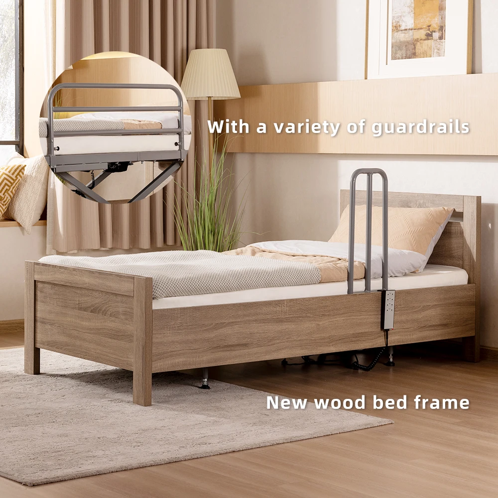 Tecforcare Wooden Medical Bed For Home Electric Adjustable Bed For Seniors Homecare Home Care Bed For Elderly
