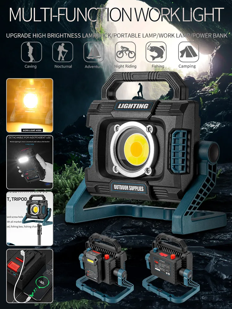 Cob Rechargeable Portable White Yellow Light Camping Tent Lamp Work Light Outdoor