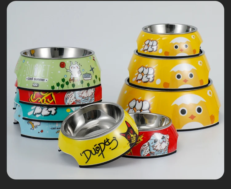 Wholesale imitating ceramic effect cute design dule layer melamine and stainless steel pet dog cat bowl