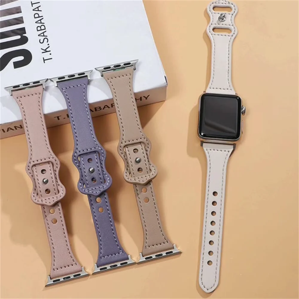 Butterfly Buckle Genuine Leather Watch band Band Watchband For Apple Series 3 4 5 6 Se Watch Straps