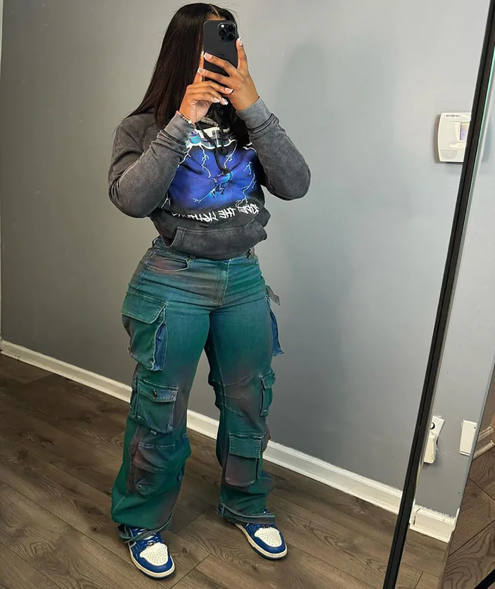 Kilig Best Selling Streetwear Jeans Baggy Pants Tie Dye Wide Leg Denim High Waist 3D Pockets Loose Straight Cargo Pants Women