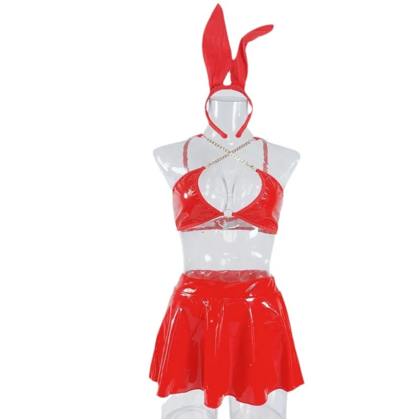 Rave Outfits for Women - Sexy  Latex Shiny Chain Top Leather Mini Skirt Thong Music Festival Bunny Costume