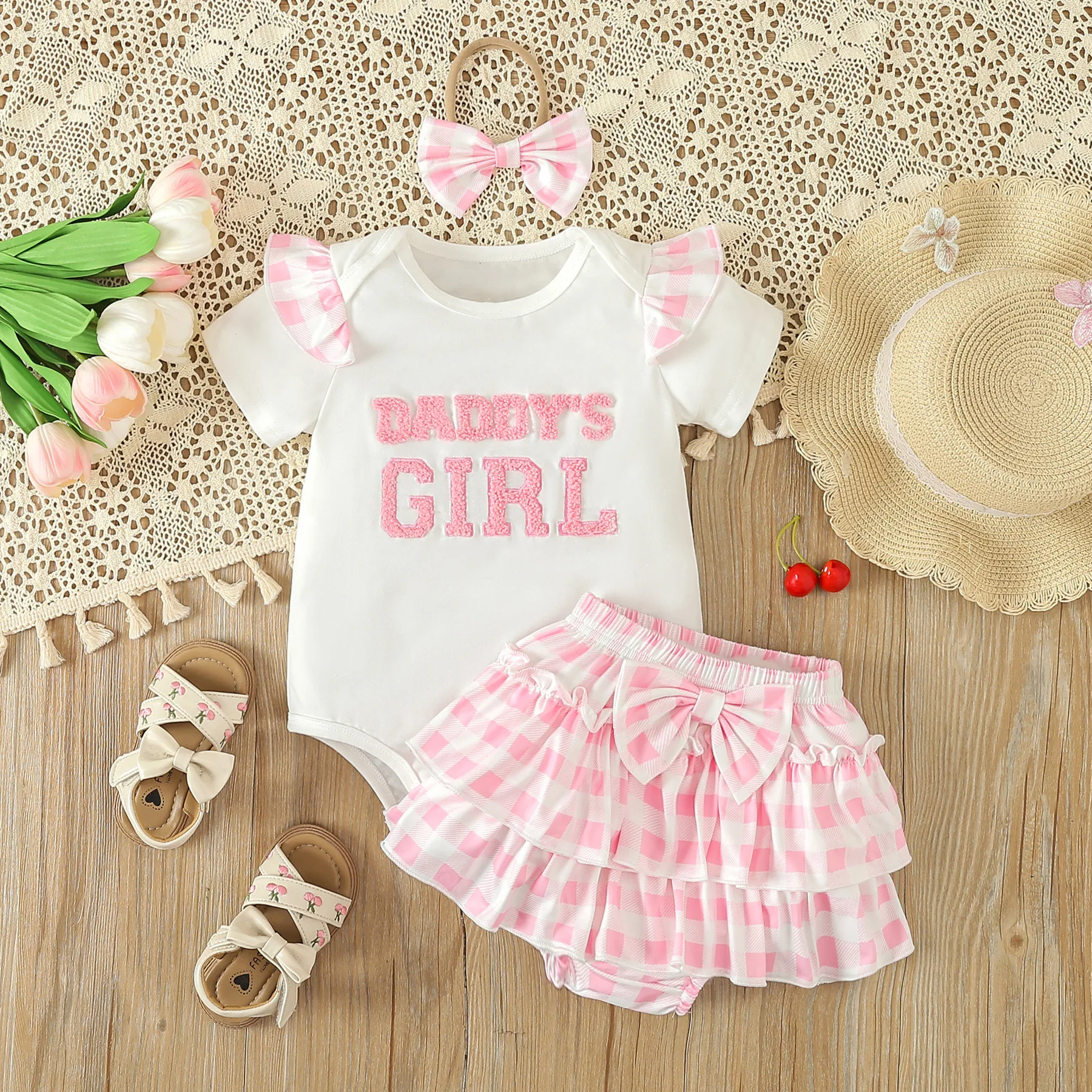 Latest Baby Set Fashion Casual Baby Girls Short sleeved Embroidered Letter Romper Pink Plaid Ruffle Shorts+Headband Set