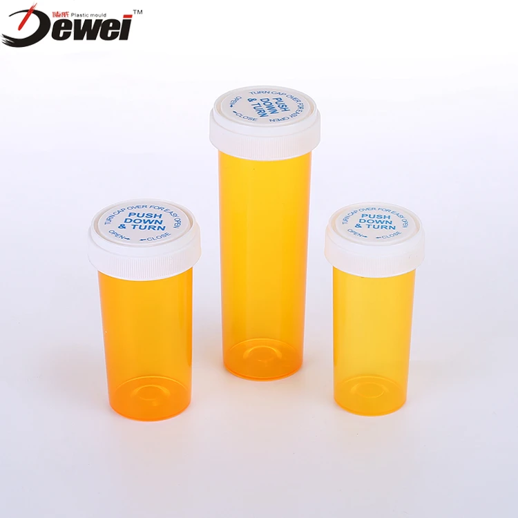 Plastic reversible vials or pill bottles or dram vials with a child resistant cap
