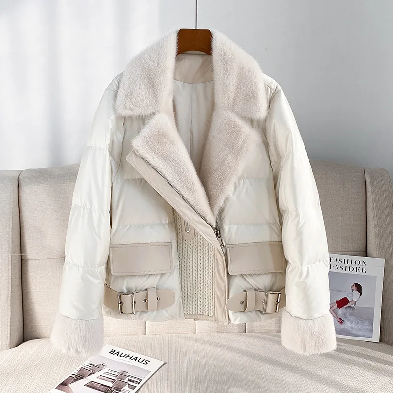 2023 High end best quality white down jacket women 2023 winter new fashion mink collar silkworm silk goose down short fur coat