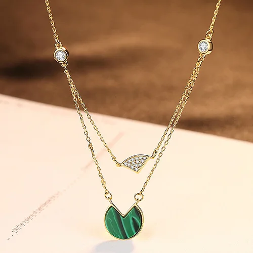 
Wholesale jewelry 925 sterling Silver Emerald Malachite Gemstone Pendant Necklace Double Layers Geometric Malachite Clavicle Necklace 