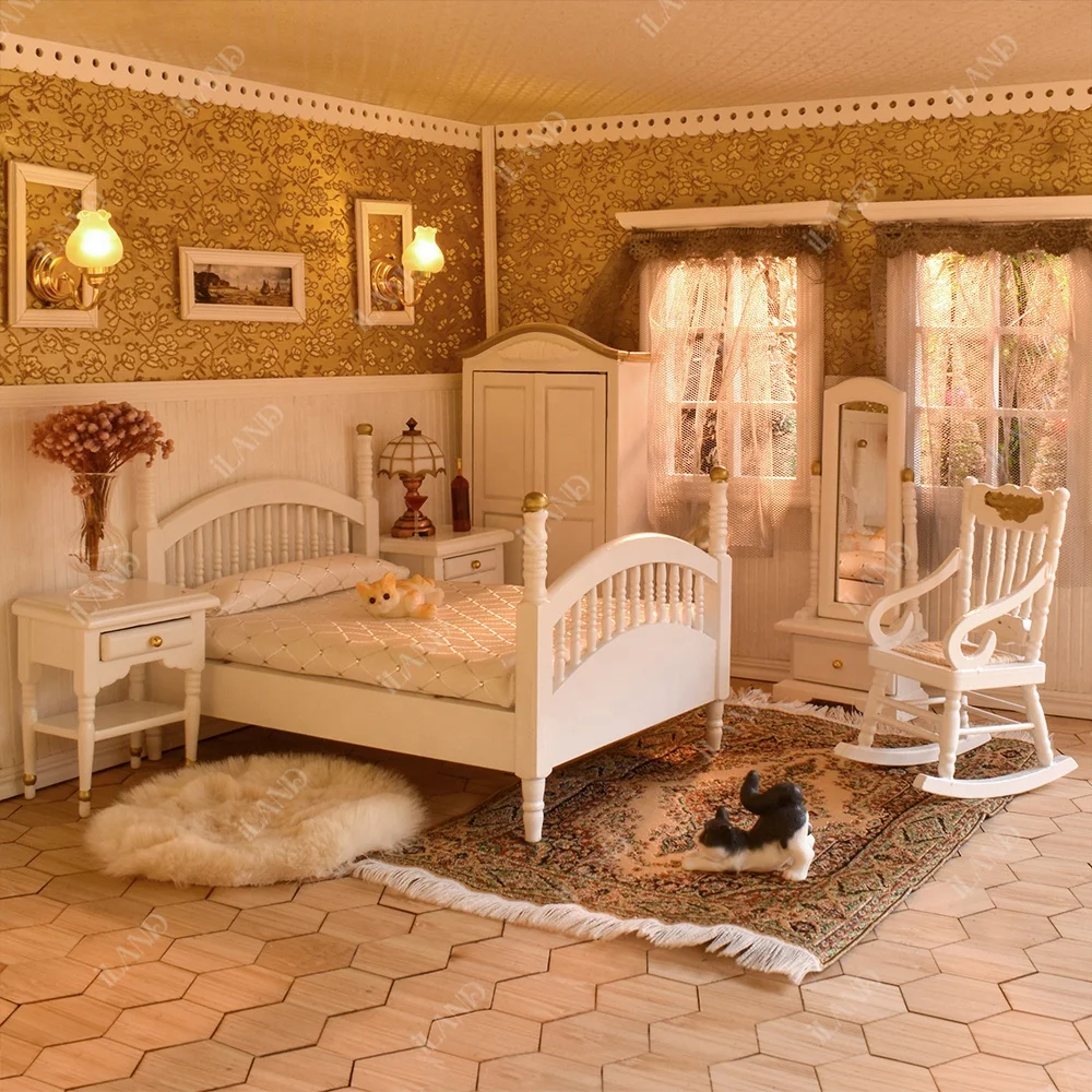 iLAND Vintage Dollhouse Furniture 1/12 scale, Brewster White Dollhouse Bedroom Furniture incl Dollhouse Bed & Mirror Full Length