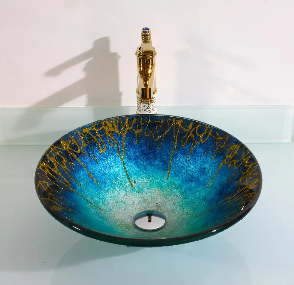 New Modern Design Black Gold Tree Art Series Glass Vanity Wash Basin