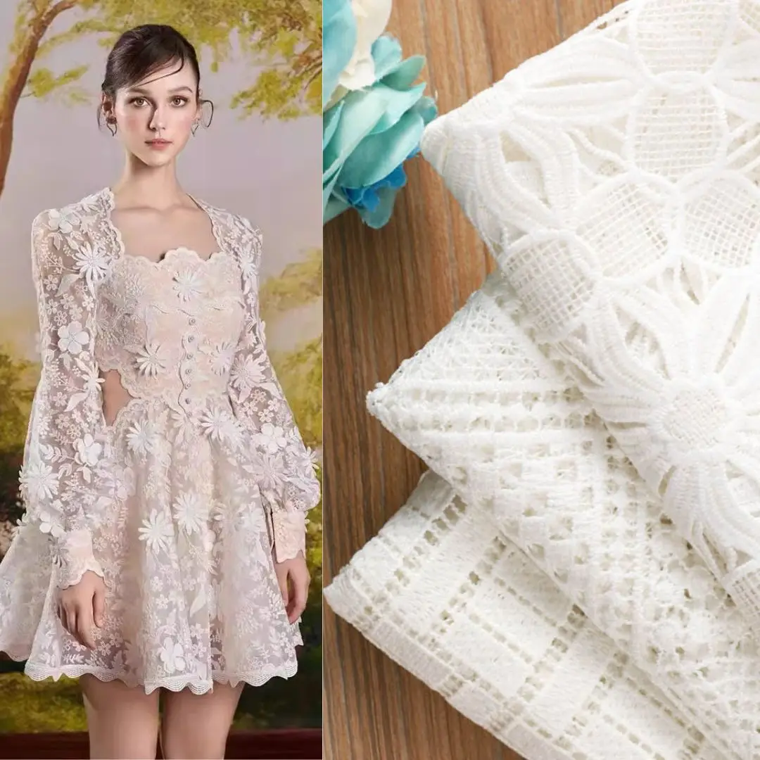 China chemical polyester lace fabric market in dubai women floral design cord guipure fabric for bridal